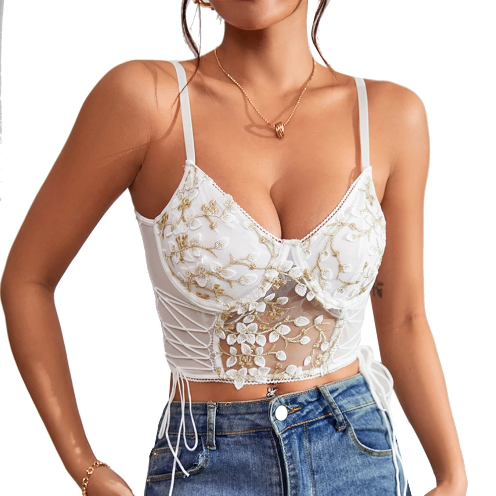 Women V Neck Mesh Splicing Floral Embroidery Camisole Elegant Side Lace Up Spaghetti Strap Tank Top White M