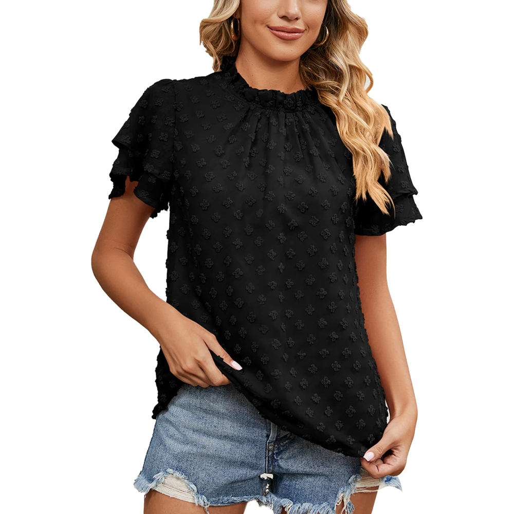 Women Round Neck Top Loose Pure Color Double Layer Short Sleeve Women Jacquard Blouse for Daily Black S