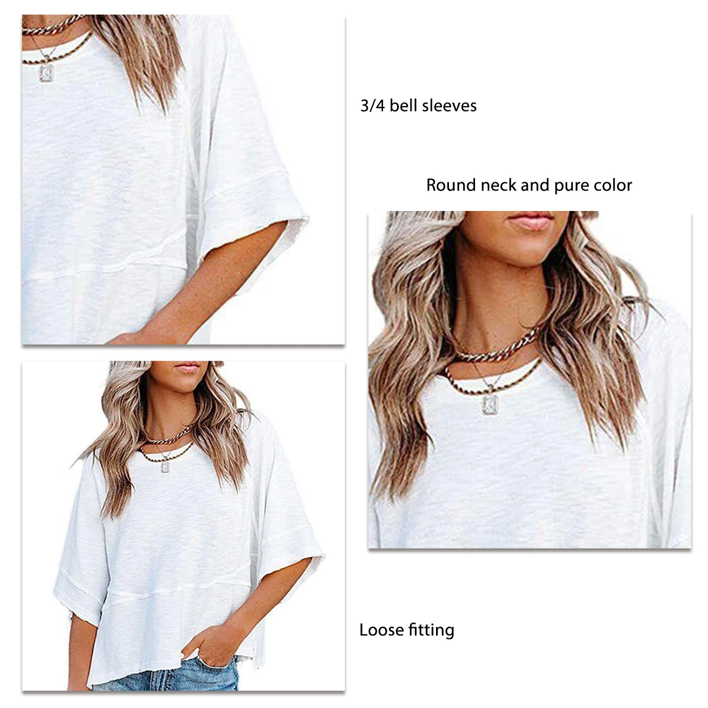 Women Summer Top Round Collar 3/4 Bell Sleeves Loose Fitting Pure Color Casual T Shirt White XXL