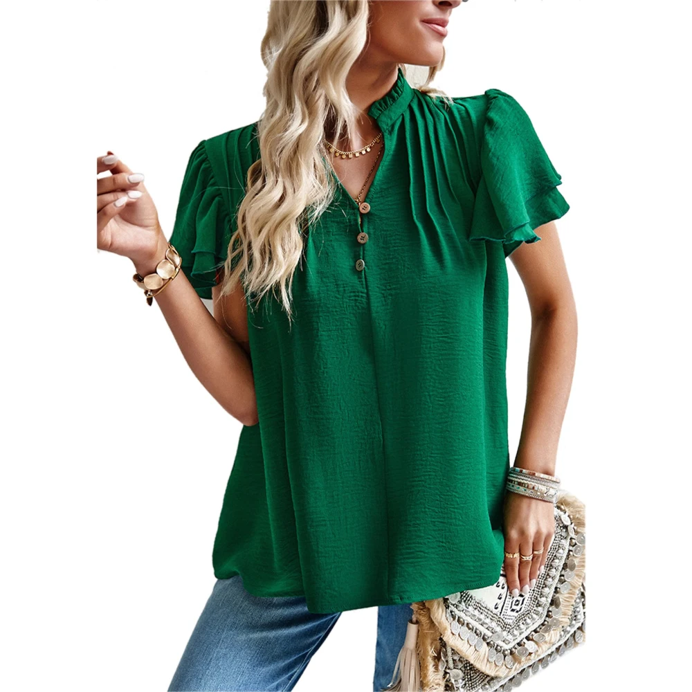 Women V Neck Ruffle Sleeve Blouse Flowy Dressy Shirt Frill Trim Casual Cute Summer Tops Green XL