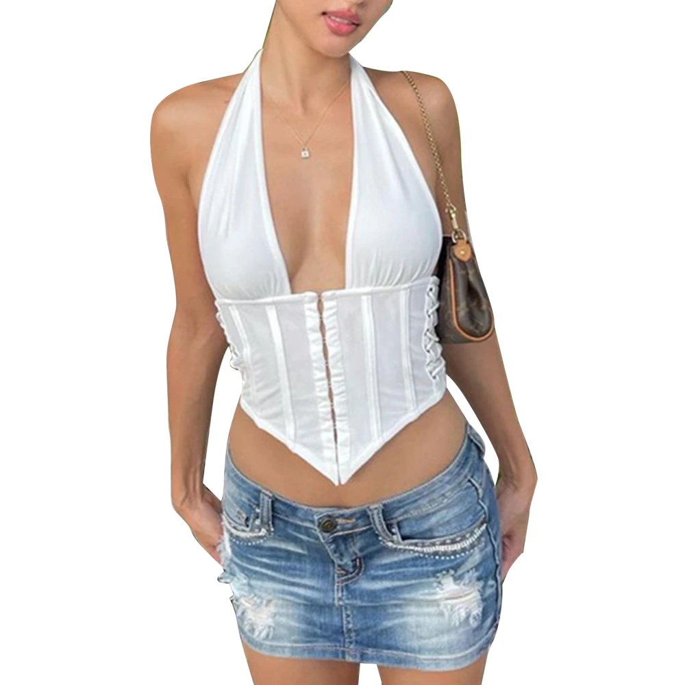 Women Plain Color Halter Hollow Front Clasp Tank Top Backless Side Lace Up Short Sleeveless Shirt White S