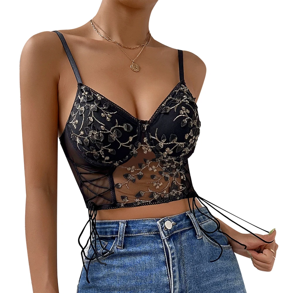 Women V Neck Mesh Splicing Floral Embroidery Camisole Elegant Side Lace Up Spaghetti Strap Tank Top Black M