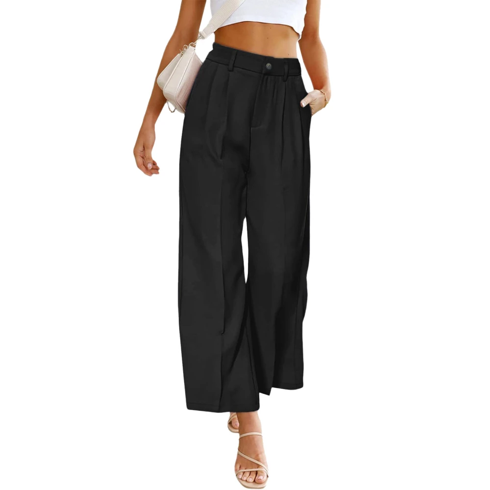 Women Wide Leg Pants Fashionable Casual High Waist Button Loose Fit Pants for Spring Autumn Black XL