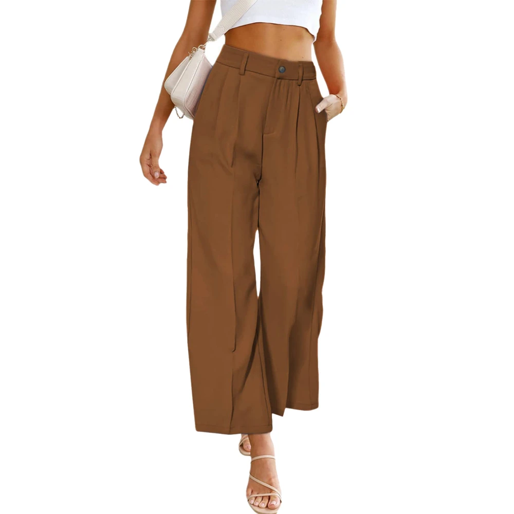 Women Wide Leg Pants Fashionable Casual High Waist Button Loose Fit Pants for Spring Autumn Dark Brown XXL