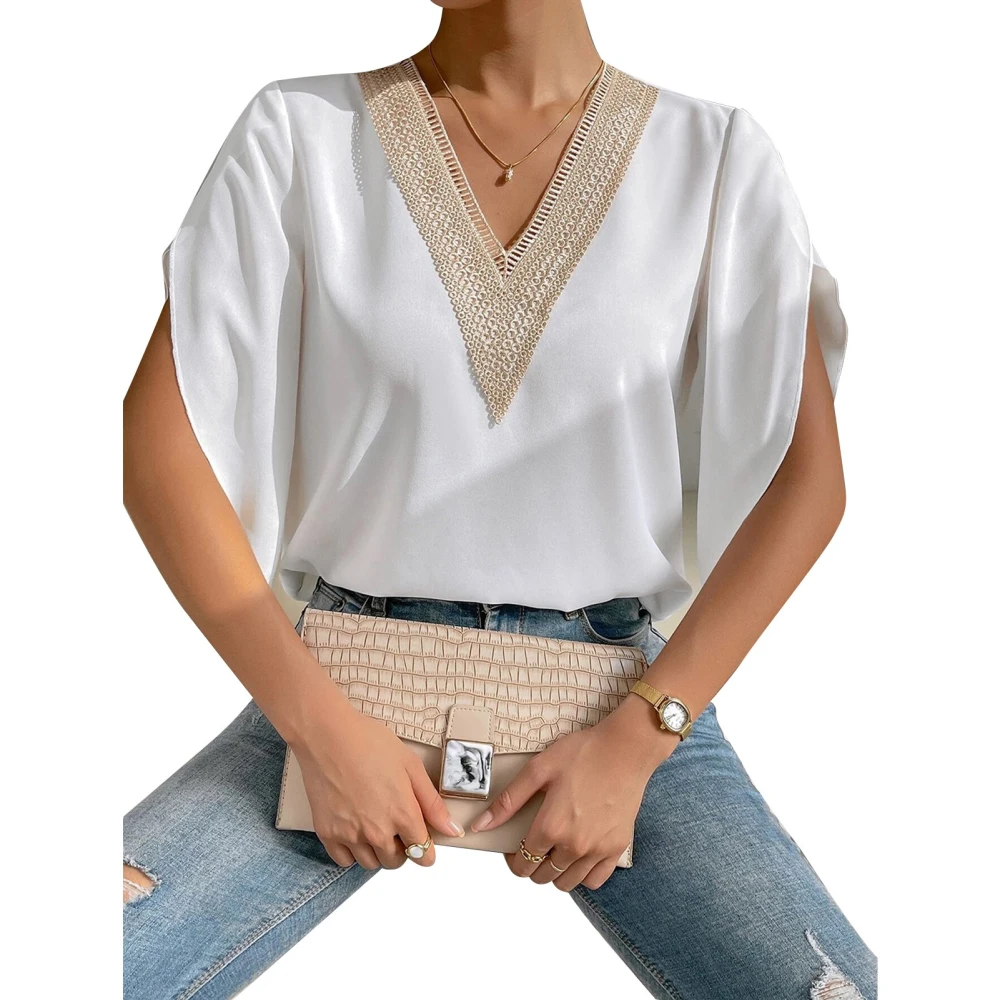 Women Ruffle Short Sleeve Tops Fashionable Casual Women Lace Deep V Neck Short Sleeve Shirt for Daily Work Shopping White Contrast Color L