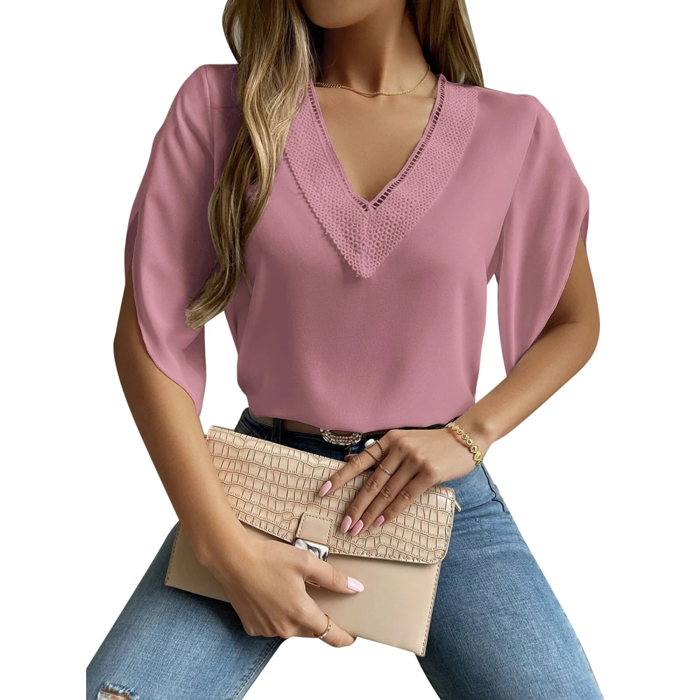 Women Ruffle Short Sleeve Tops Fashionable Casual Women Lace Deep V Neck Short Sleeve Shirt for Daily Work Shopping Pink M