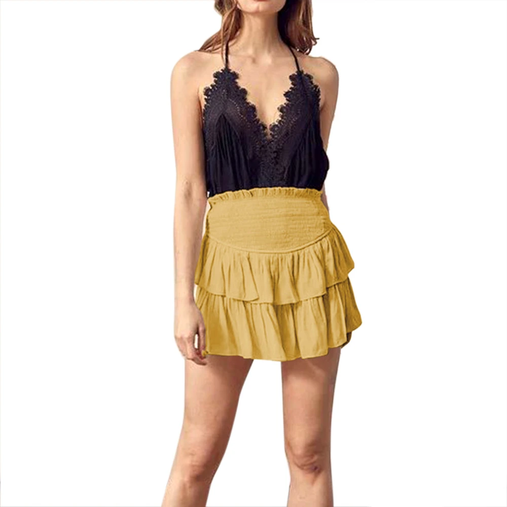 Women Pleated Skirts High Waist Layered Ruffle Hem Flared Mini Skirt A Line Short Skirts for Summer Yellow XL