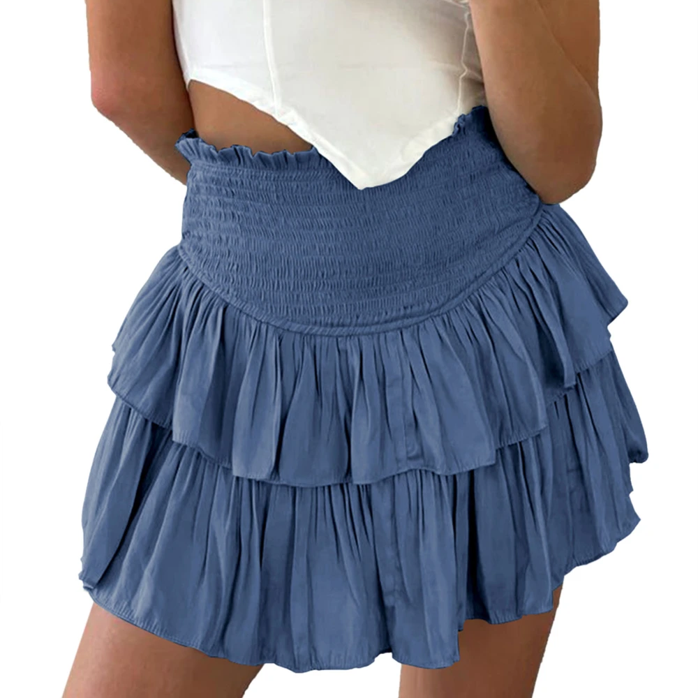 Women Pleated Skirts High Waist Layered Ruffle Hem Flared Mini Skirt A Line Short Skirts for Summer Blue Grey XL