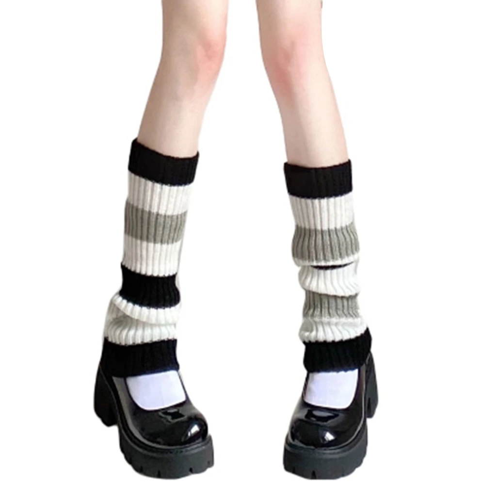 Black White Gray Striped Knit Slouch Socks Women Elegant Fashionable Warm Stacked Socks