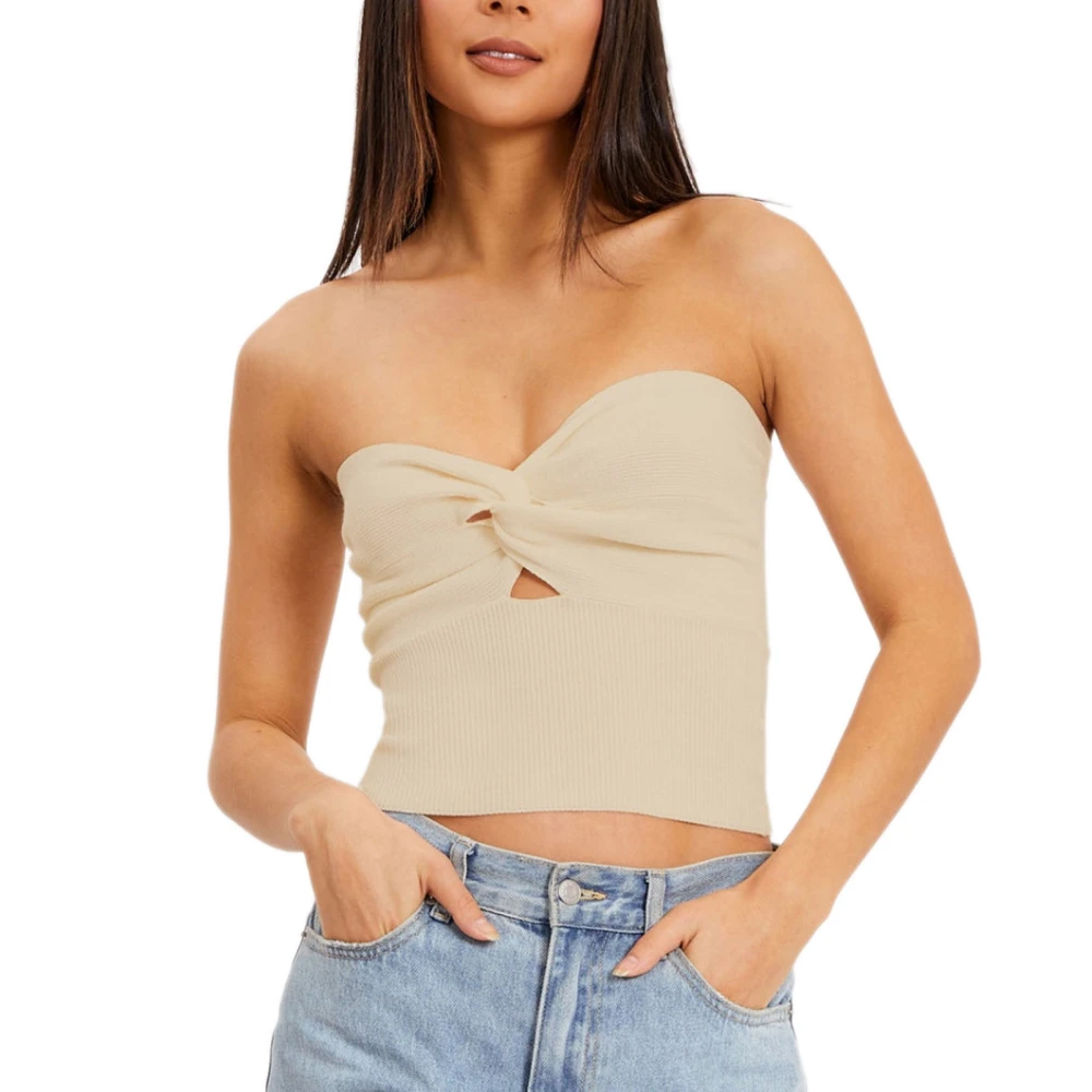 Knit Tube Top Front Twisted Knot Backless Slim Fit Pure Color Strapless Short Top for Daily Travel Party Khaki M