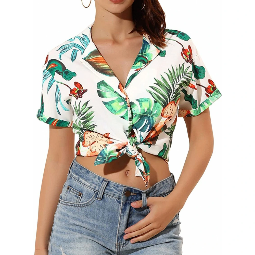 Short Sleeve Turn Down Collar Shirt Women Casual Elegant Button Up Floral Print Top Blouse for Beach Party Green S