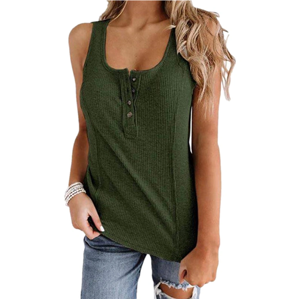 U Neck Button Tank Top Women Casual Elegant Pure Color Rib Knit Sleeveless Shirt for Office Work Green L