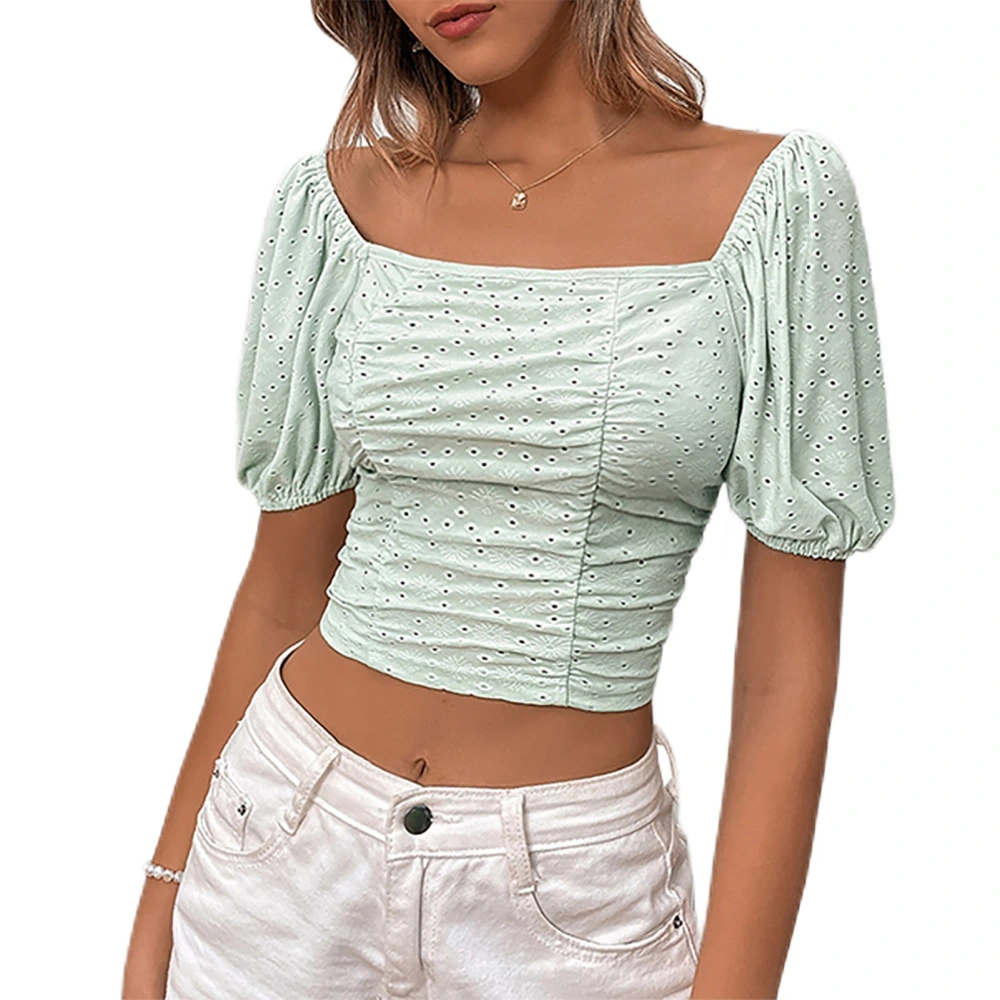 Women Slim Fitting Top Puff Sleeves Hollow Out Holes Trim Pleated Casual Short T Shirts Mint Green M