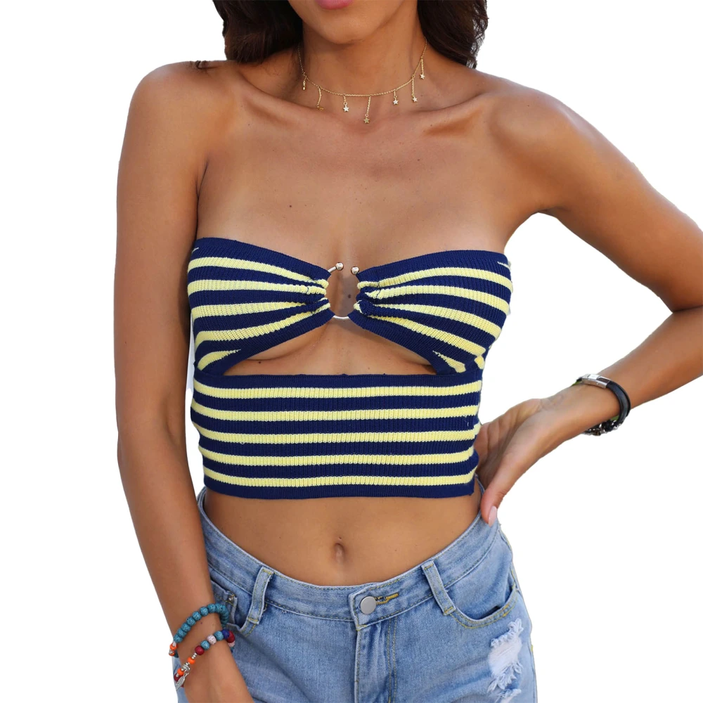 Striped Hollow Tube Top Women Casual Slim Fit Sleeveless Strapless Off Shoulder Ring Shirt Royalblue Yellow Stripe XL