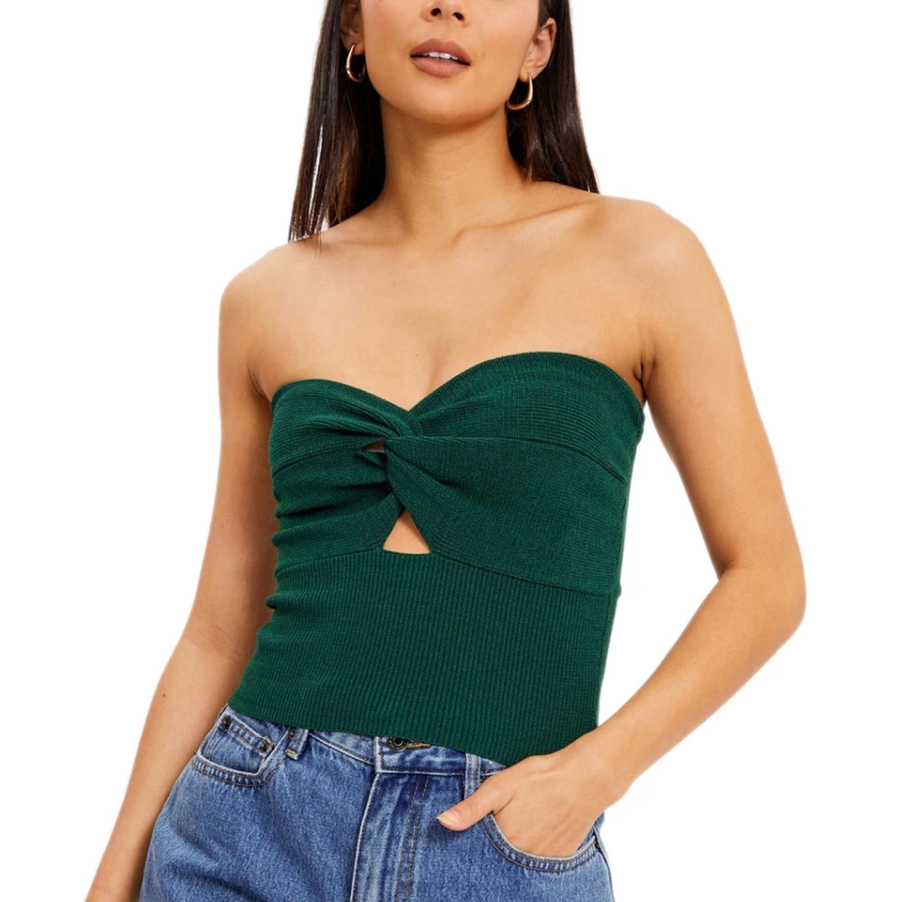 Knit Tube Top Front Twisted Knot Backless Slim Fit Pure Color Strapless Short Top for Daily Travel Party Dark Green XL