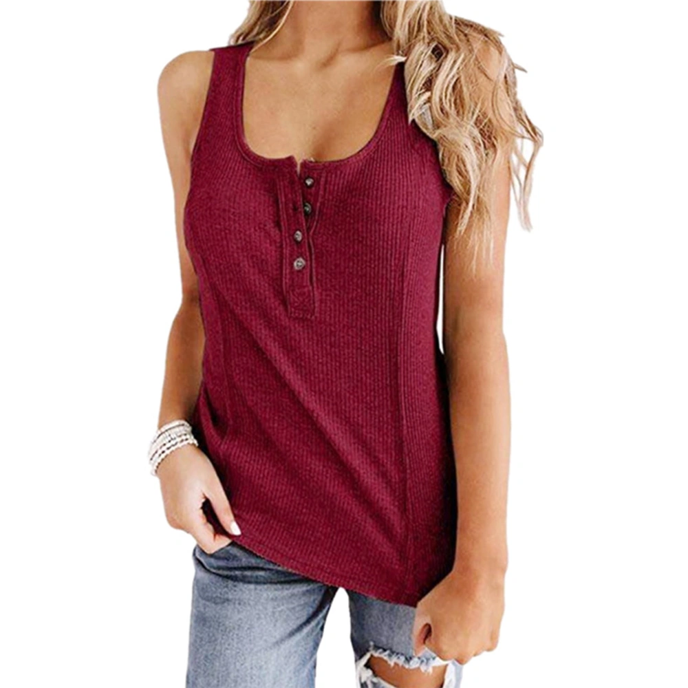 U Neck Button Tank Top Women Casual Elegant Pure Color Rib Knit Sleeveless Shirt for Office Work Burgundy XL