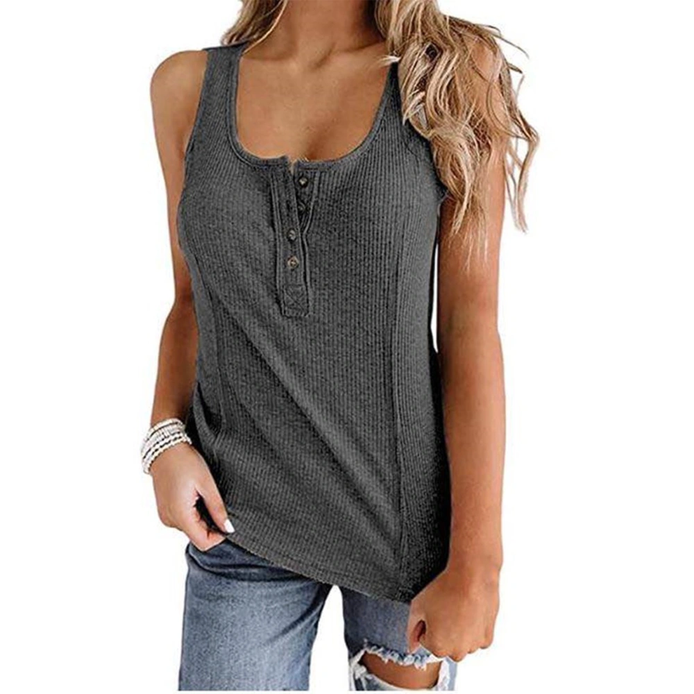 U Neck Button Tank Top Women Casual Elegant Pure Color Rib Knit Sleeveless Shirt for Office Work Grey XL