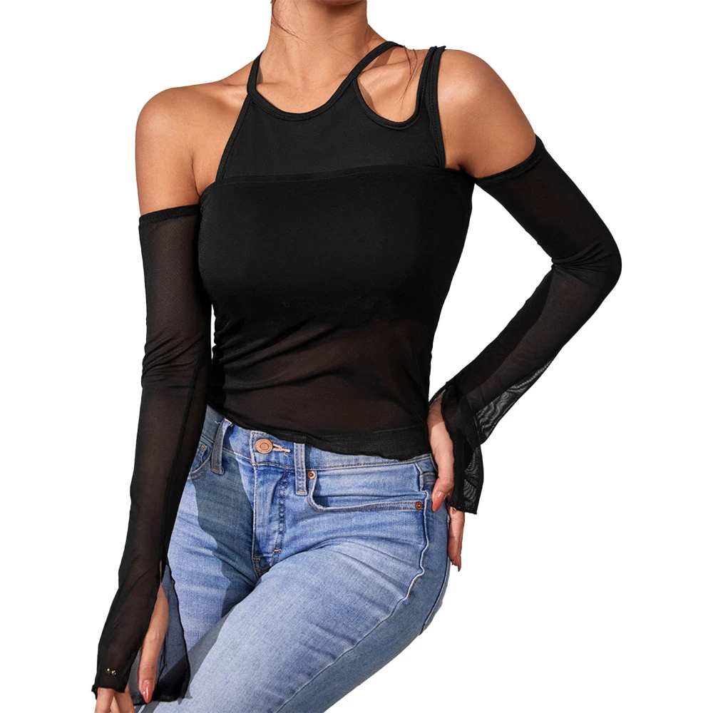 Women Off Shoulder Top Backless Slim Fitting Mesh Coverup Long Sleeves Halter Neck Blouse Black M