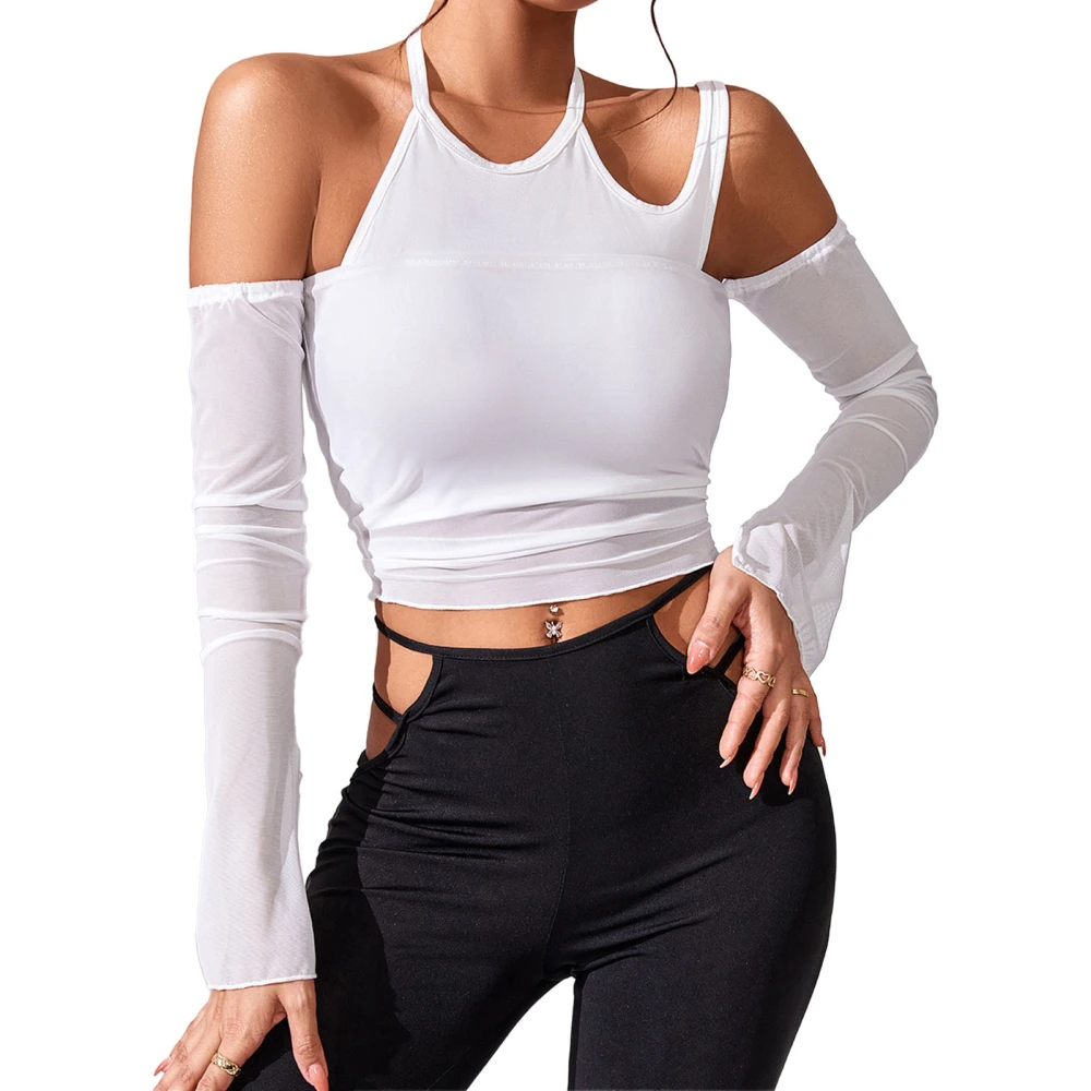 Women Off Shoulder Top Backless Slim Fitting Mesh Coverup Long Sleeves Halter Neck Blouse White L