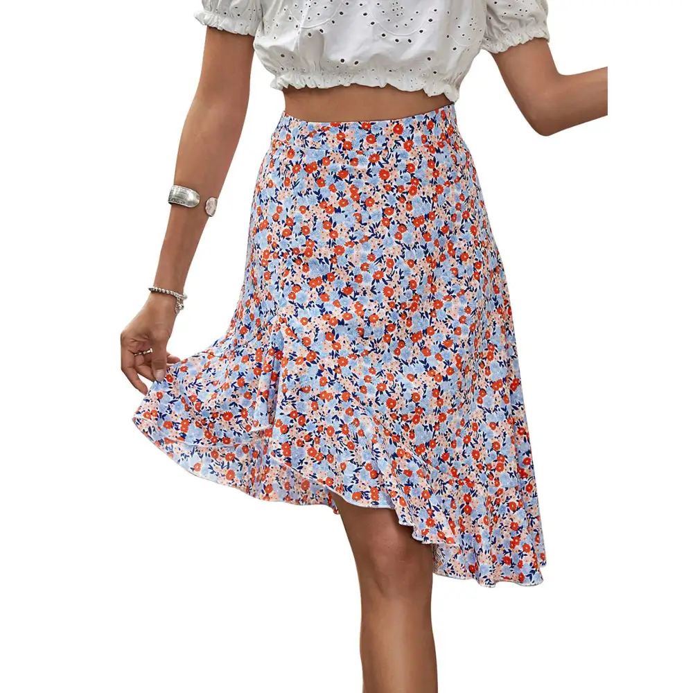 Women Floral Print Split Thigh Skirt Ruffle Trim High Waist Bodycon Flowy High Low Hem Skirt Sky Blue XL