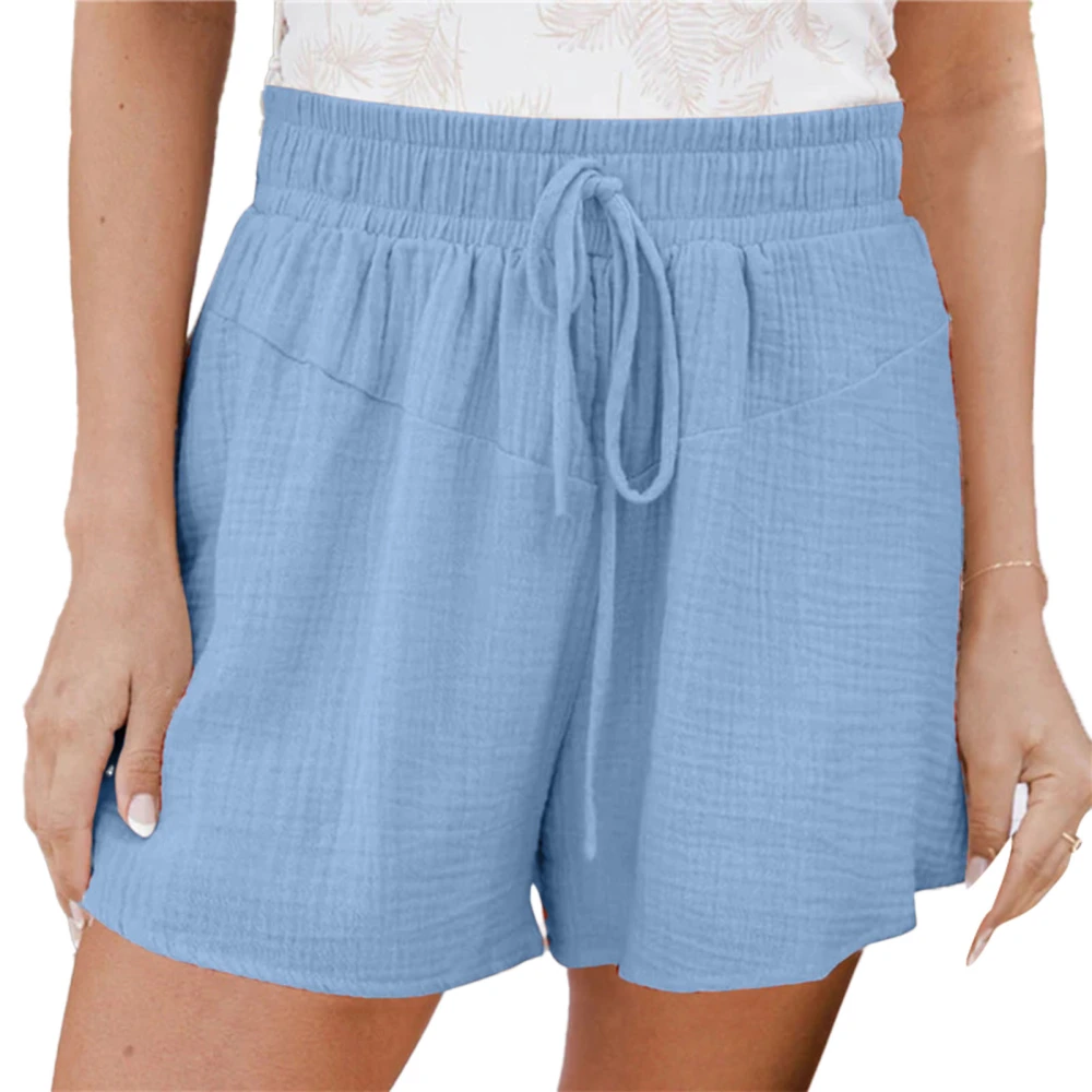 Women Wide Leg Shorts Drawstring Elastic High Waist Pure Color Breathable Summer Shorts Sky Blue M