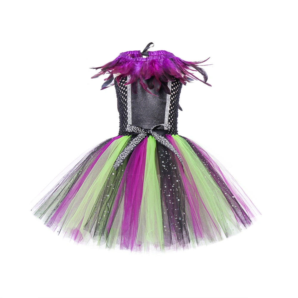 Kids Girls Halloween Costume Sequin Colorful Striped Mesh Witch Dress 