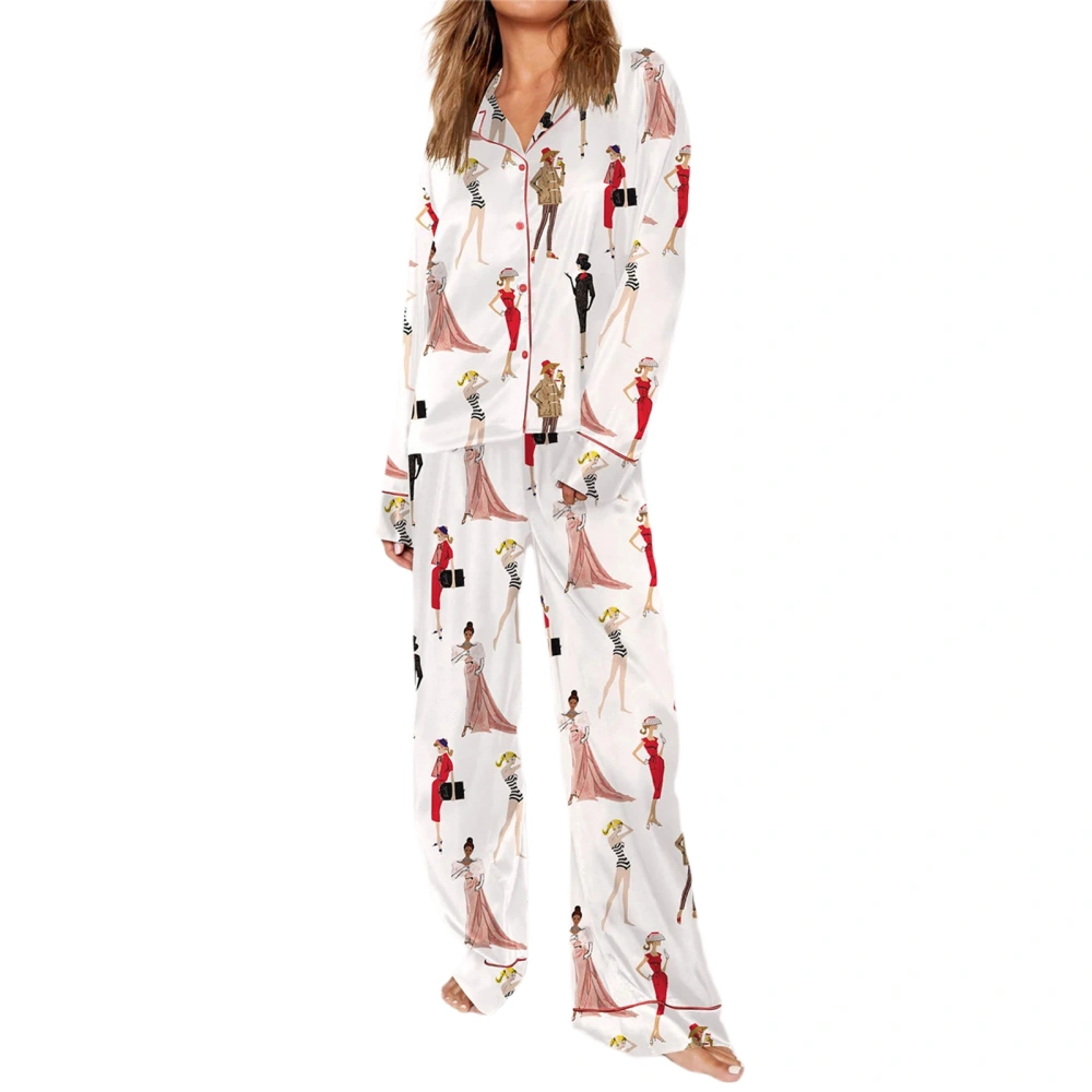 Women 2 Piece Pajamas Set Fashion Print Button Shirt and Elastic Pants