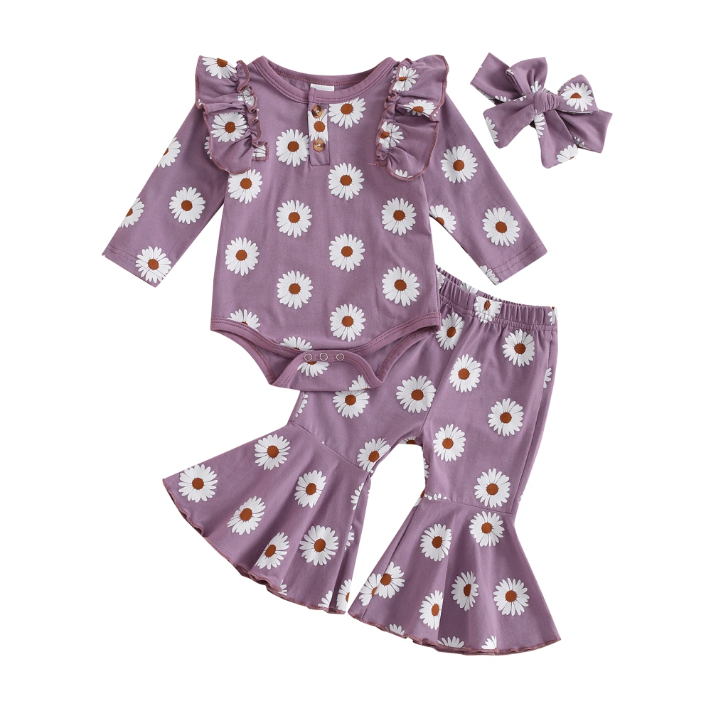 Baby Girls Fall Outfits Daisy Print Romper + Pants + Headband