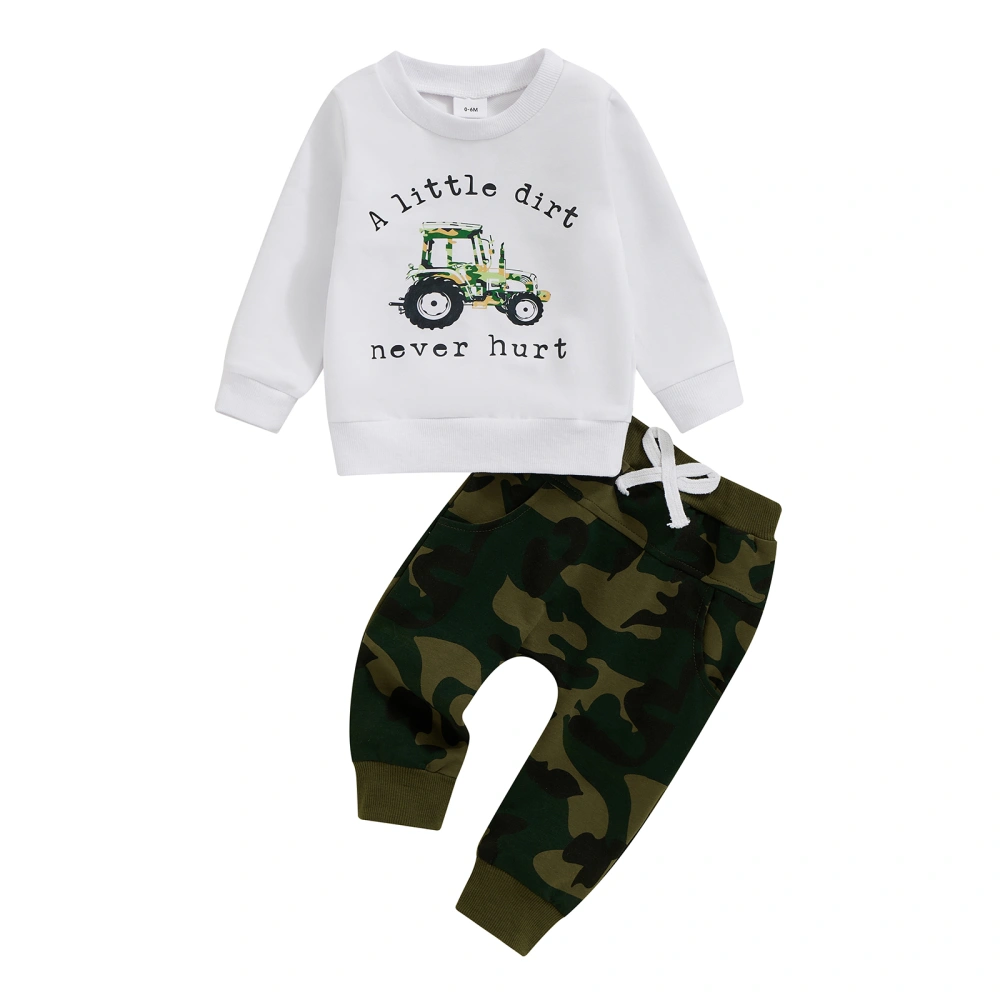 Boys 2PCS Sets Long Sleeve Letter Tractor Print Tops Camouflage Pants