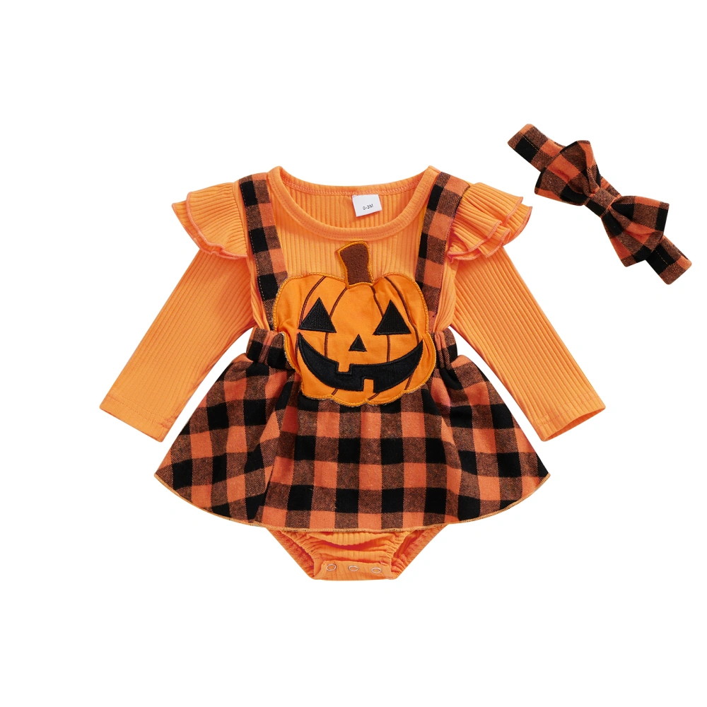 Baby Romper Dress Pumpkin Embroidery Plaid Romper with Headband