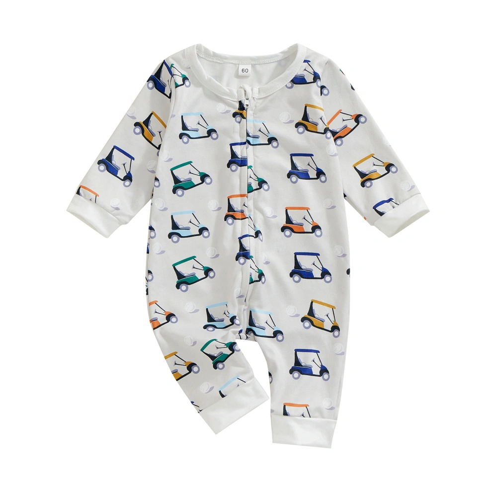 Baby Boys Jumpsuit, Long Sleeve Golf Cart Print Zipped Casual Romper