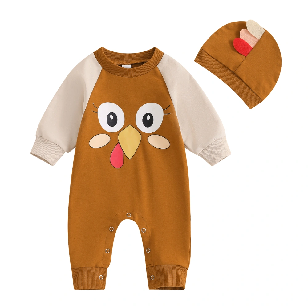 Baby Girl Boy Thanksgiving Outfit, Turkey Print Long Sleeve Romper Hat