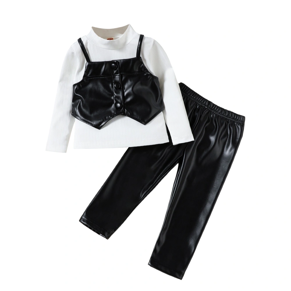 Little Girl Fall Outfit, Mock Neck Ribbed Tops PU Leather Pants Vest 