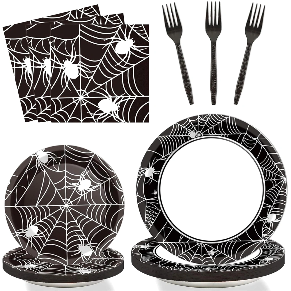 Halloween Dinnerware Set Cobweb 96Pcs Paper Plates and Napkins Forks 