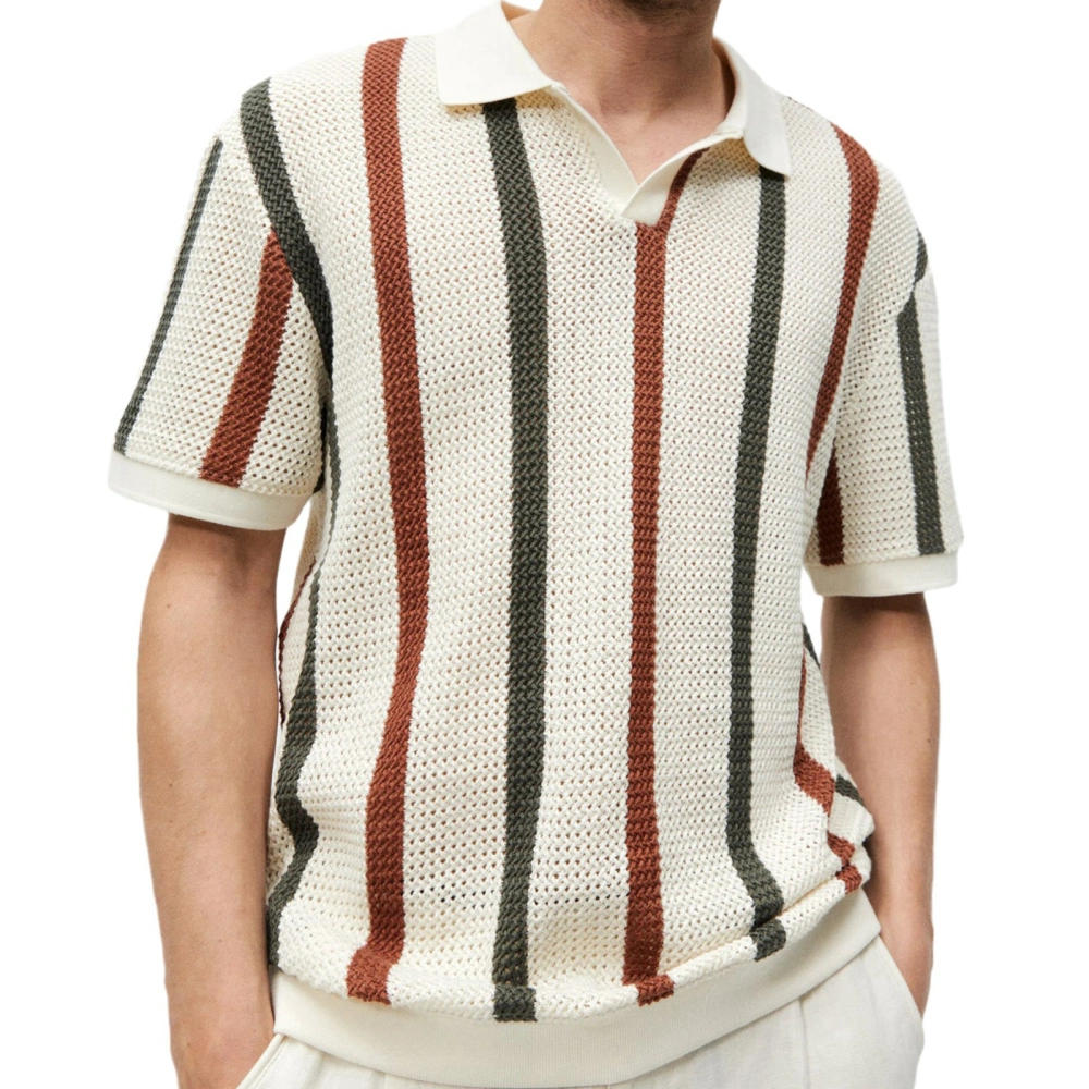 Mens Hollow Out Knit Tops Striped Lapel V Neck Short Sleeve Shirt 