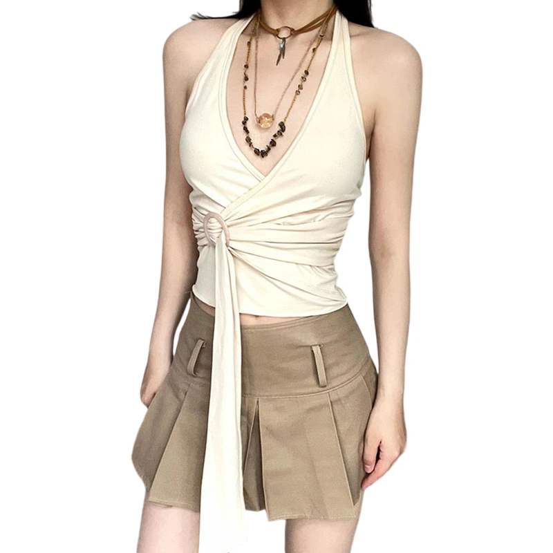 Women Cropped Halter Neck Tops Summer V-Neck Ruched Backless Shirts