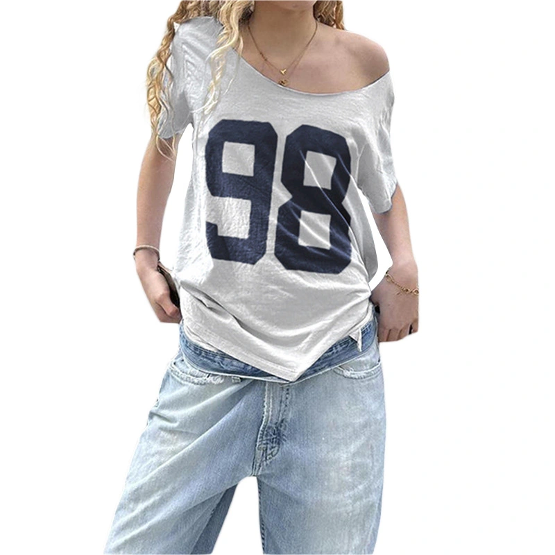 Women's Loose Fitting Tops Short Sleeve Crewneck Number Print T-shirt