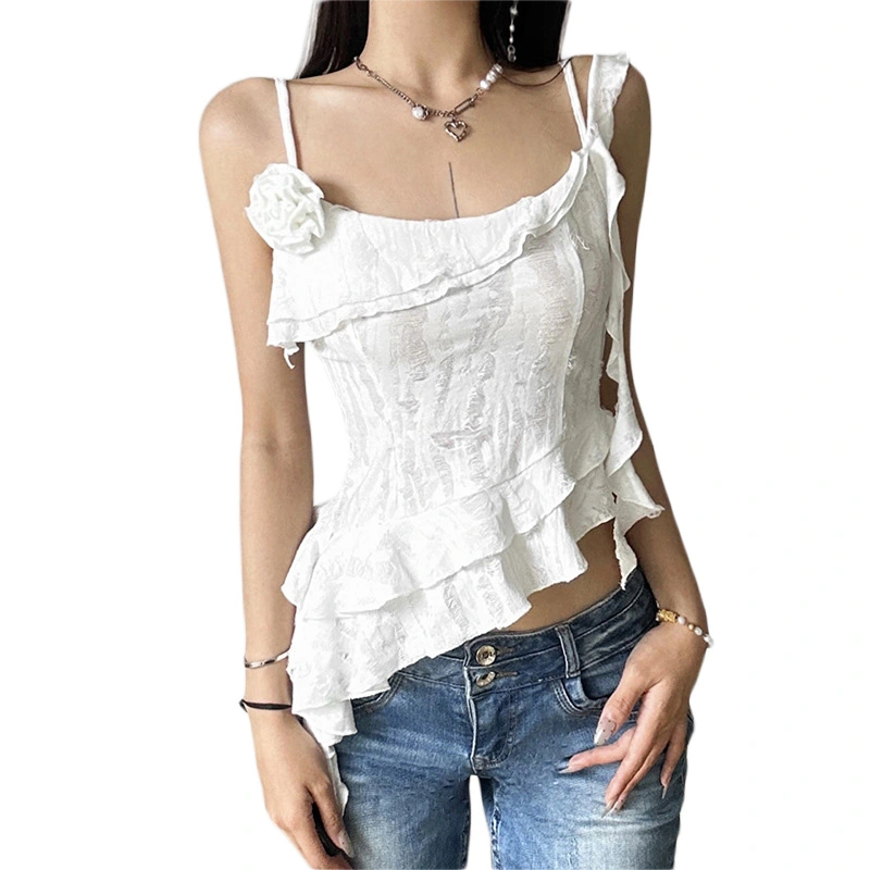 Women Camisoles Ripped 3D Flower Spaghetti Strap Tank Tops Vests