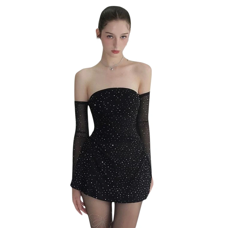 Women Bodycon Dress, Strapless Sequined Mini Dress with Oversleeves