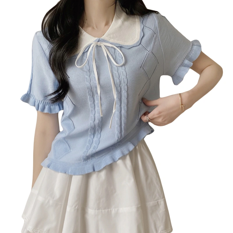 Women Knit Cable T-Shirts Bow Ruffled Contrast Color Doll Collar Tops