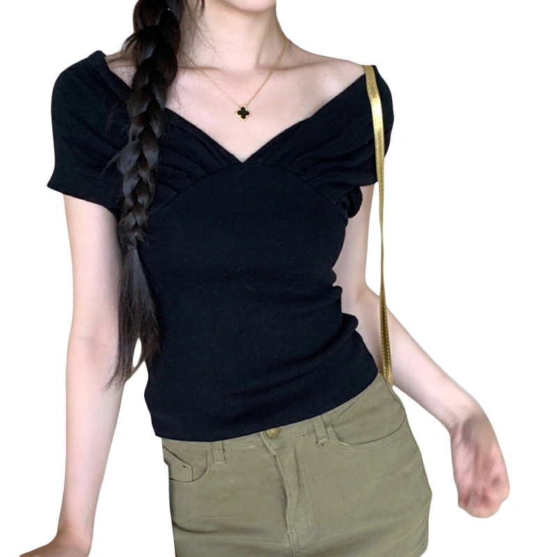 Womens Crop Knit Tops Slim Solid Ruched V Neck Short Sleeve T-Shirt