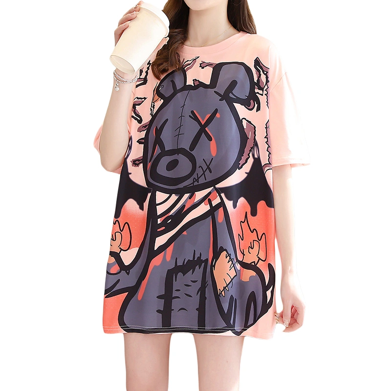 Women Summer Basic T-Shirt Cute Cartoon Print Loose Short Sleeve Tops