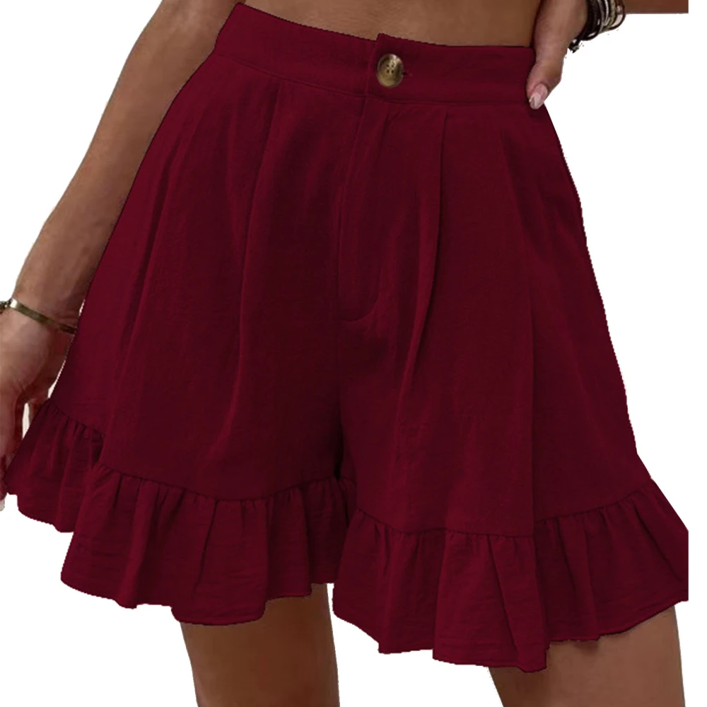 Women Summer Shorts Button Closure Ruffle Hem Wide Legs Casual Shorts for Daily Wear Wine Red L