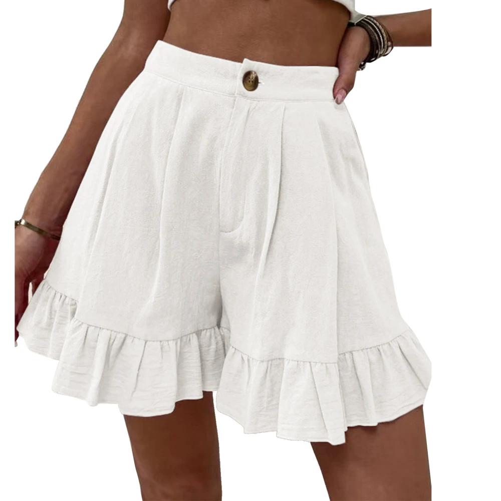 Women Summer Shorts Button Closure Ruffle Hem Wide Legs Casual Shorts for Daily Wear White XL