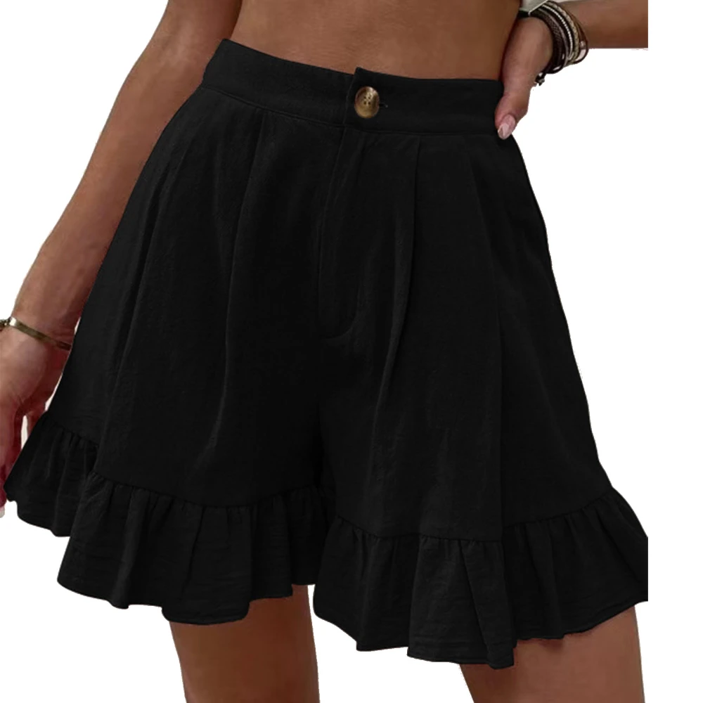 Women Summer Shorts Button Closure Ruffle Hem Wide Legs Casual Shorts for Daily Wear Black XXL