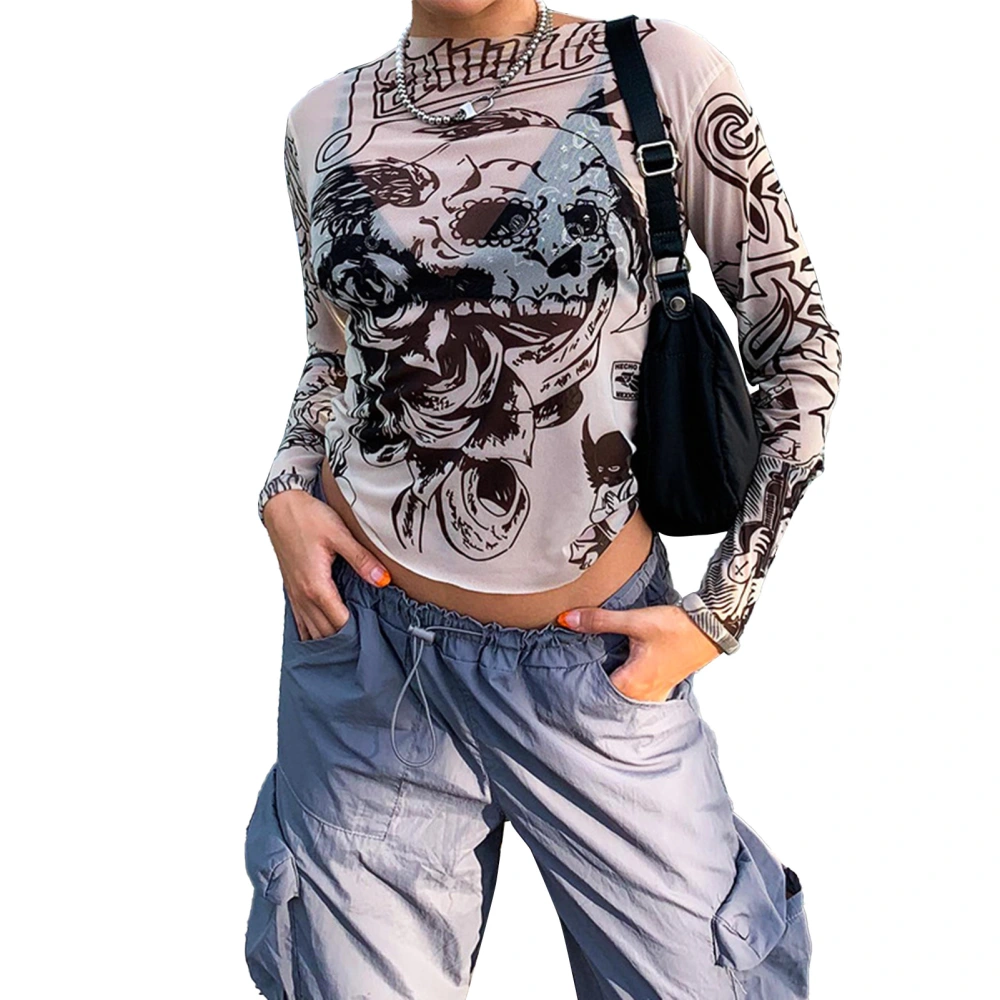 Long Sleeve Crewneck Top Women Spring Summer Elegant Fashionable Slim Fit Print Shirt Blouse for Party Flesh Color M