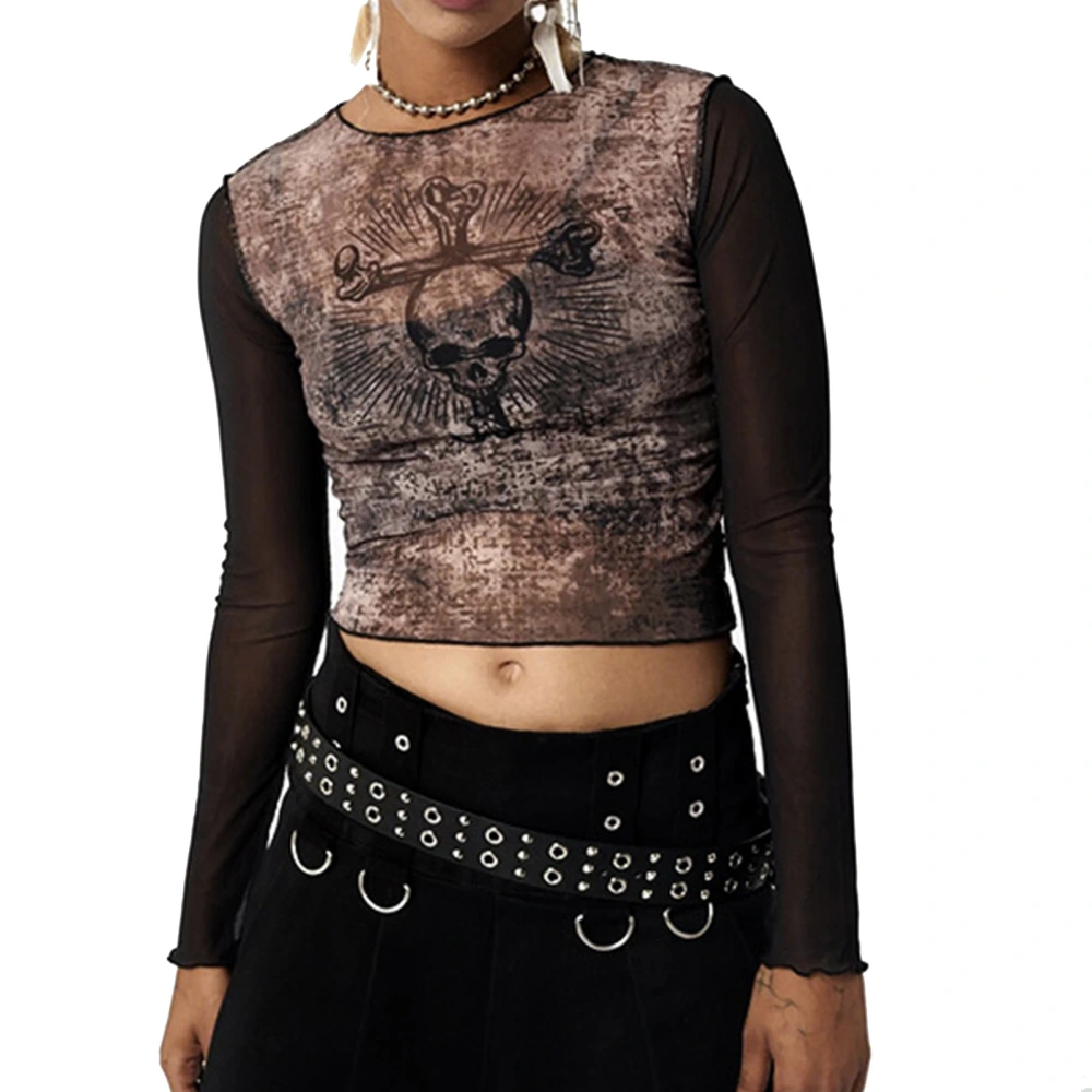 Women Skull Print Mesh Sheer Top See Through Slim Fit Crew Neck Long Sleeve Blouse for Female Brown M