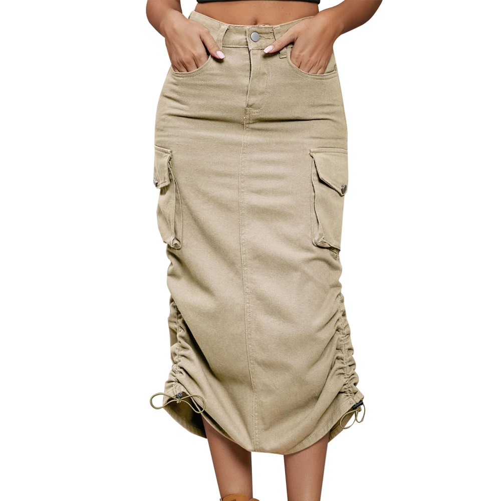 Women Drawstring Skirt with Large Pockets Pure Color Vintage Vintage Denim Skirt Light Khaki XXL