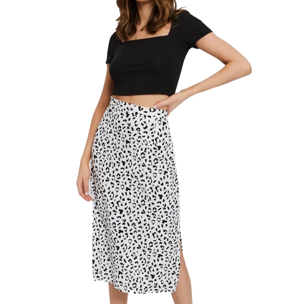 Leopard Print Midi Skirt High Waisted Side Split Zipper Chiffon Midi Skirt for Lady Girl Dating Party White M