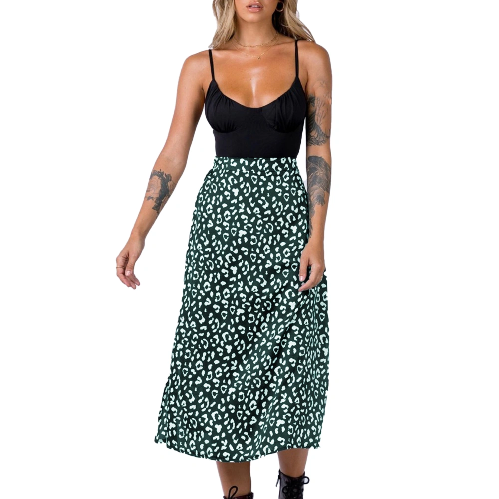 Leopard Print Midi Skirt High Waisted Side Split Zipper Chiffon Midi Skirt for Lady Girl Dating Party Dark Green M